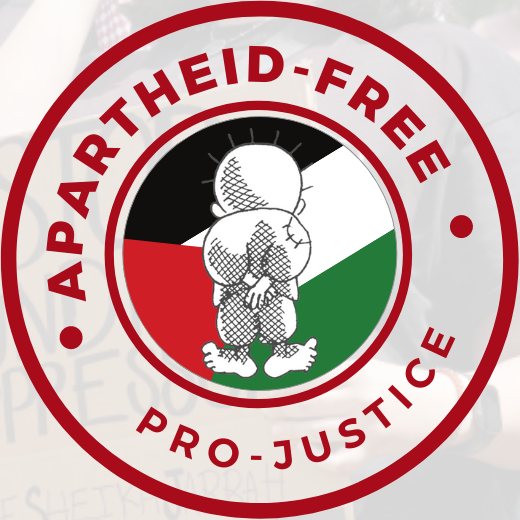 Apartheid-Free / Pro-Justice
circular logo with text around the Palestinian flag superimposed with Handala illustration. Links to the Canadian BDS Coalition page of Apartheid-Free Businesses and Organizations